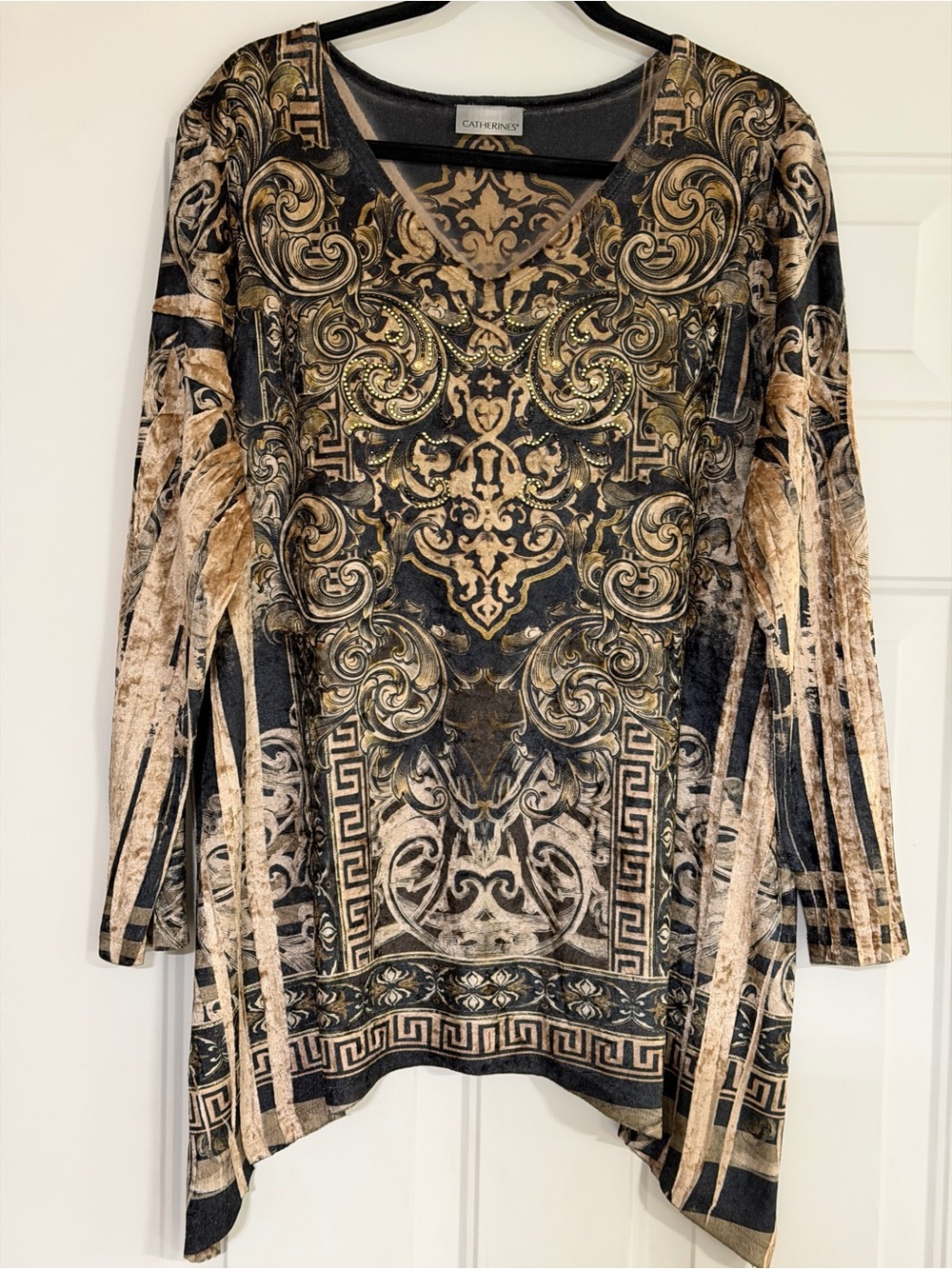 Catherines~Shimmery~Velour~Rhinestone Detailed ~V-Neck~Tunic Top~Size 1X (18-20)